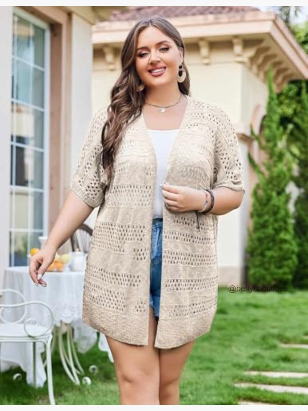 Plus Size Crochet Cardigan - Lightweight Open Front Kimono Summer Knit - Picture 3 of 7